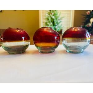 Set of 3 Vintage Amberina Globe/Ball Style Hand Blown Glass Vases Made in Mexico